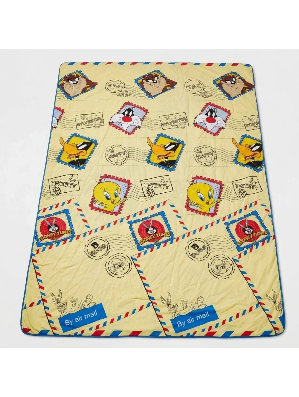 Vtg 90s Looney Tunes Twin Comforter Airmail Postage Stamp Bugs Tweety Daffy